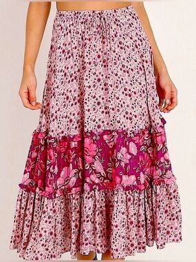 SPELL Winona Pink Floral Midi Skirt , NEW